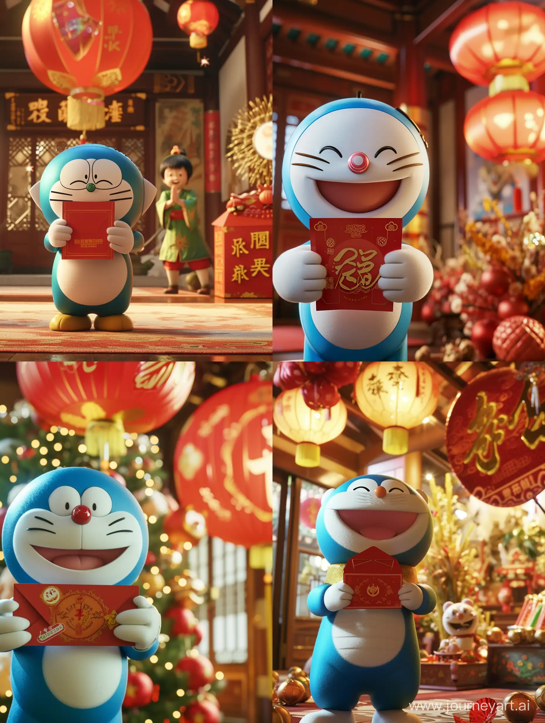 画面主体凸显哆啦A梦拿着春节过年红包；画面明亮，欢乐喜庆