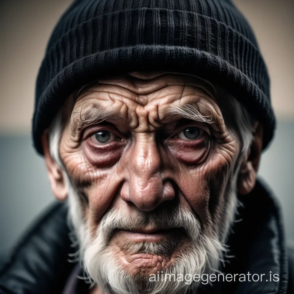 portrait of an old man wearing a black beanie, sharp eyes, eye bags, wrinkles on his face due to the hardships of life, slightly dry lips, wrinkles on his forehead, thin mustache and beard, small smile, photo realistic high detail, sharp and focused image, realism, raw photo, camera Sony A7III, lens 55 mm f4, dramatic lighting scenario