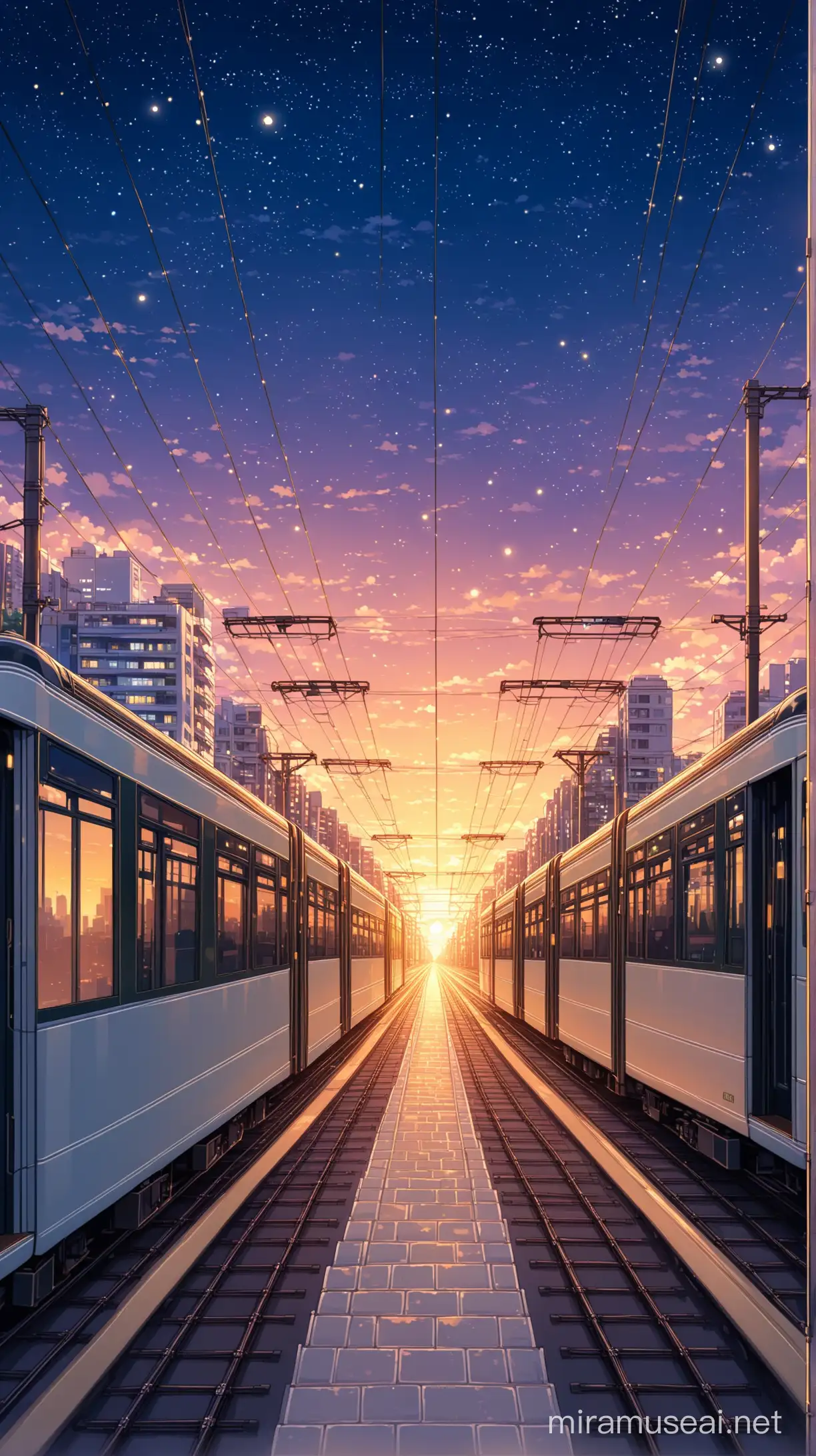 Tram Rail Behind City in Evening Sky with Stars Cozy Urban Scene