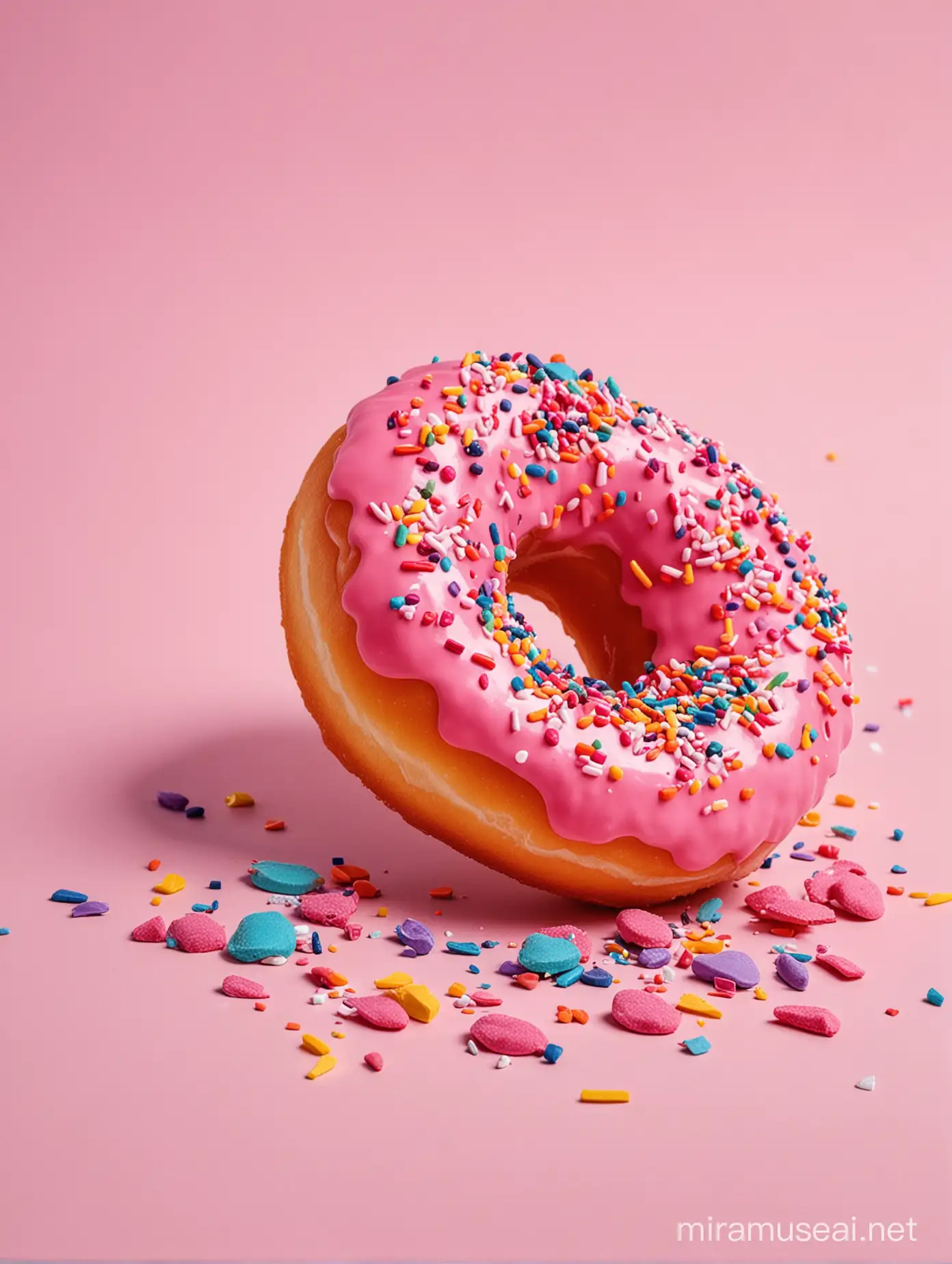 Vibrant Pink Donut Over Colorful Chips Low Angle Perspective View