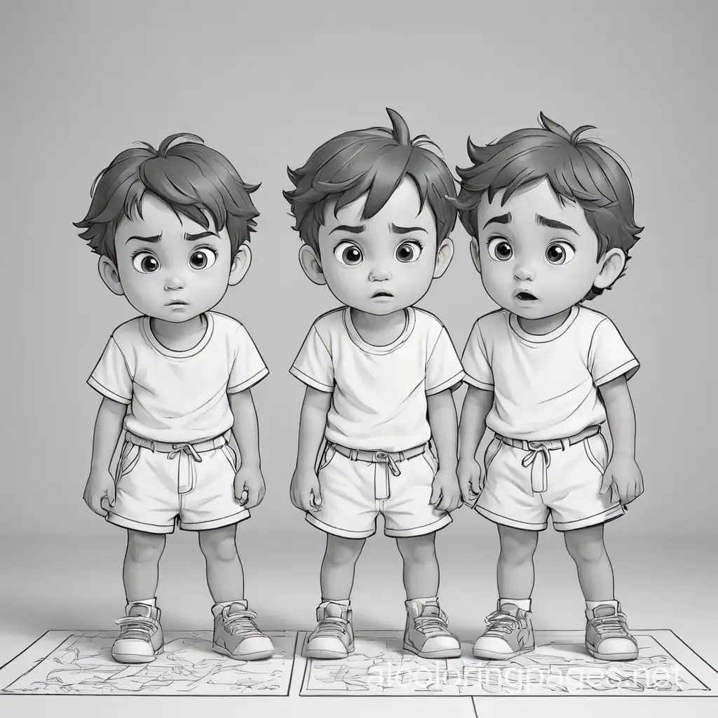 Twins Getting in trouble, Coloring Page, black and white, line art, white background, Simplicity, Ample White Space. The background of the coloring page is plain white to make it easy for young children to color within the lines. The outlines of all the subjects are easy to distinguish, making it simple for kids to color without too much difficulty