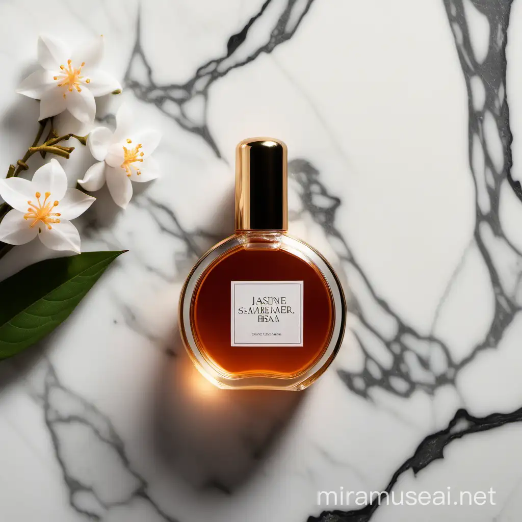 circular fragrance bottle with a jasmine sambar flower to the side, shot overhead, light subtle marble background
