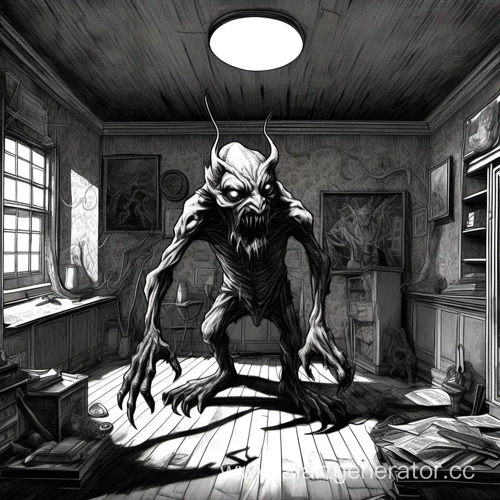 Sinister-Creature-with-Twisted-Limbs-and-Glowing-Eyes-in-Dimly-Lit-Room
