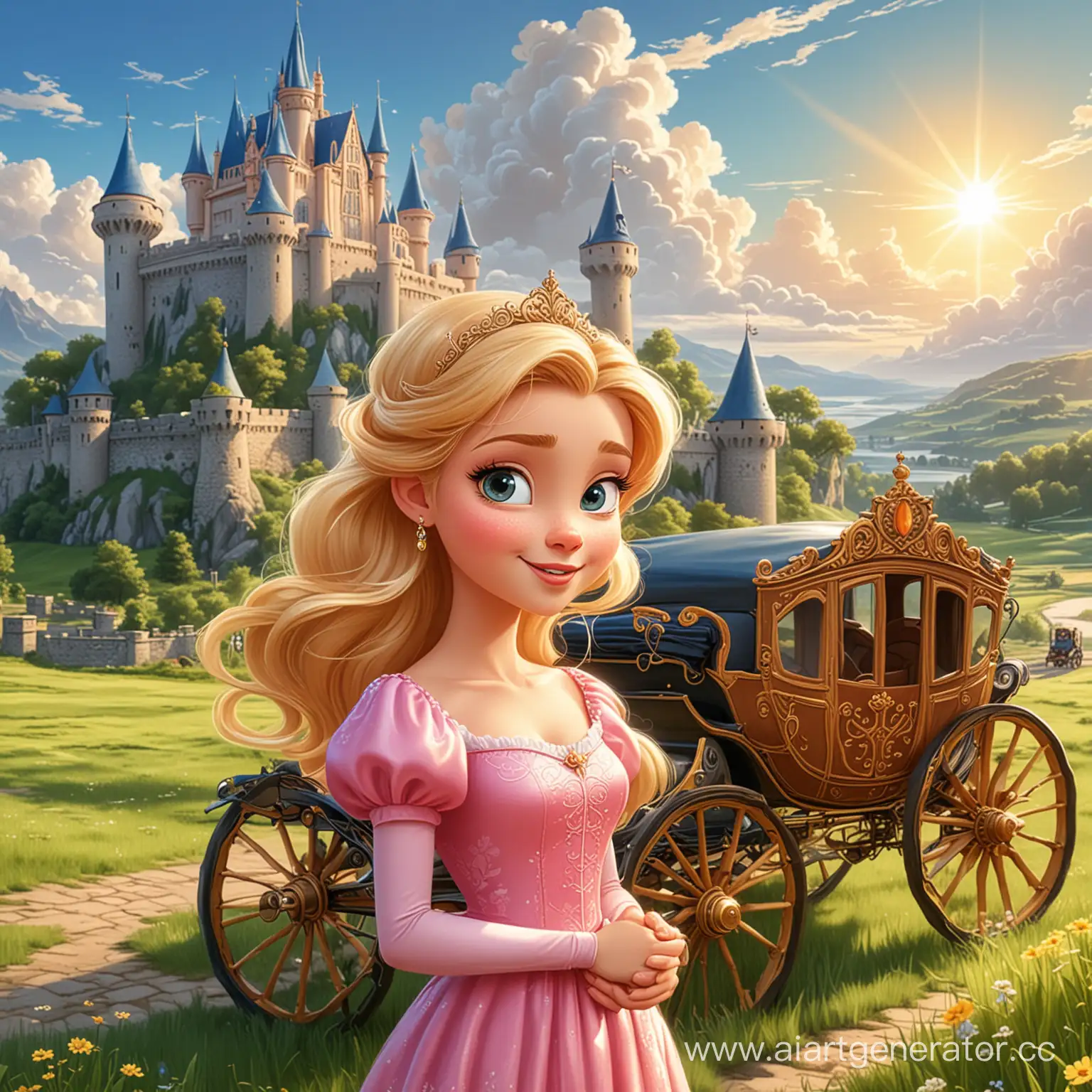 Beautiful-Princess-with-Castle-and-Carriage-Under-Sunny-Sky