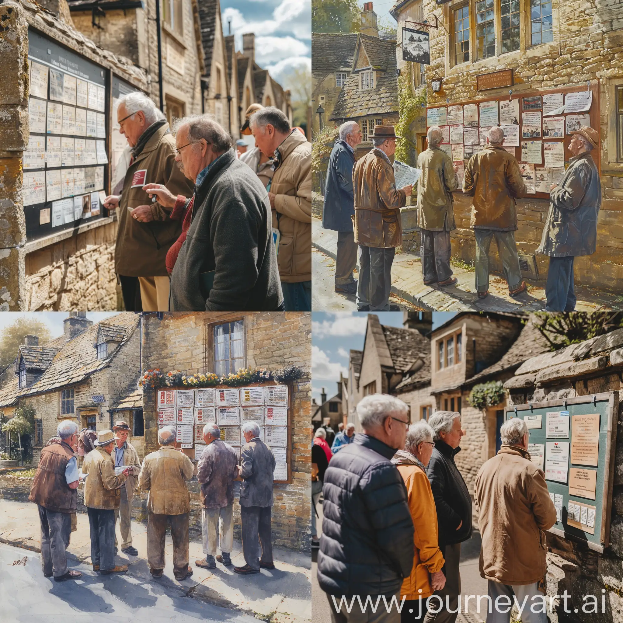 situated in a small cotswold town, with old stone buildinds, a group of older men and women who are looking for inspiration, theyare looking at a large notice board with a lot of subjects and activities to choose from, the sun is shining and everyone looks happy