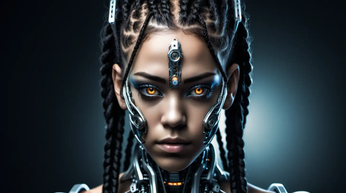 Cyborg woman, 18 years old. She has a cyborg face, but she is extremely beautiful. Bright under her eyes. Wild hair. Dark braids. 