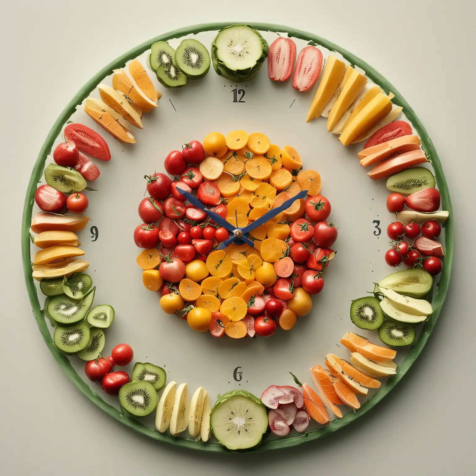 clock with hours made from fruits and vegetables