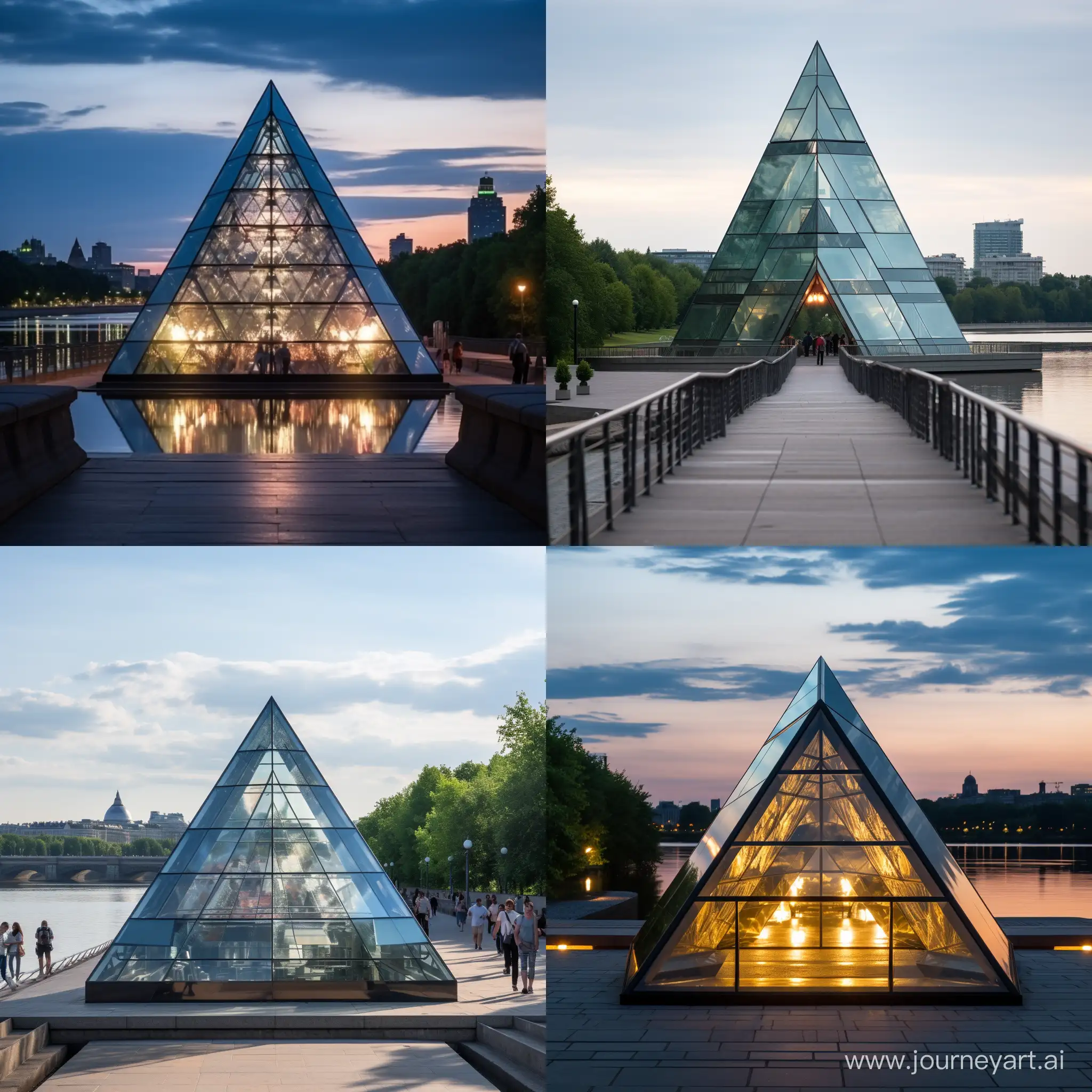 A pyramidal object made of glass, metal and concrete stands at the descent to the river on the Moscow River embankment
