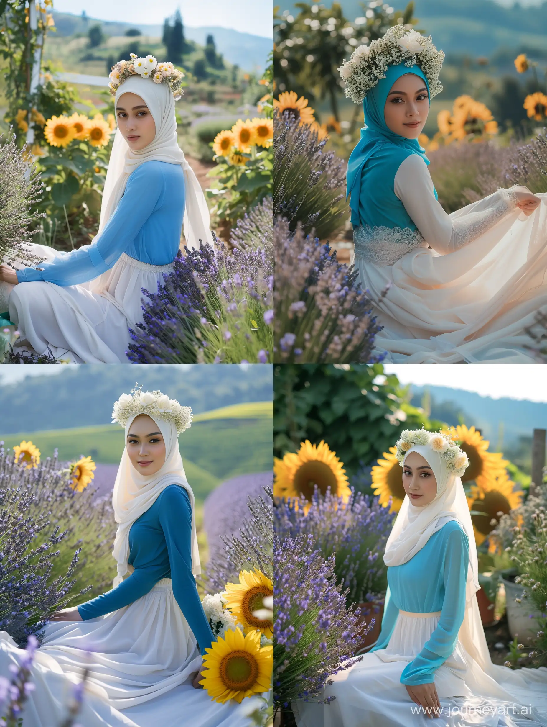 an indonesian woman hijab wearing a dress blue on top and white on bottom, theres flower crown on her head, sitting on landscape flower garden theres lavender, jasmine, sunflowers, portrait photo, photography, real hd.Ultra HD bright,real photo,high detail,very sharp,18mm lens,realistic,photography,Leica camera
