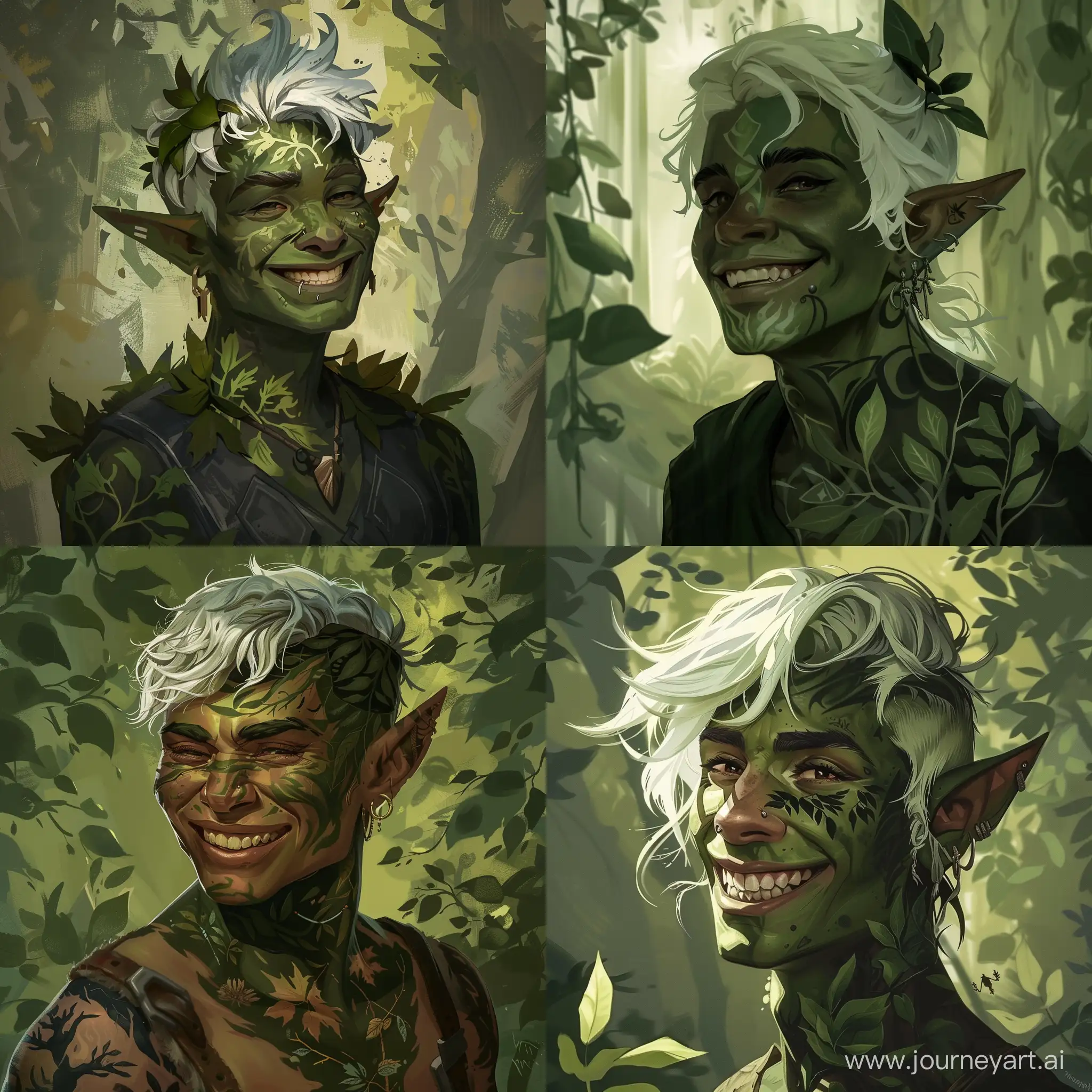 a smiling, neutral-kind half-orc with kind facial features, dark green skin color, with tattoos of leaves and trees, with white green hair, about 40 years old