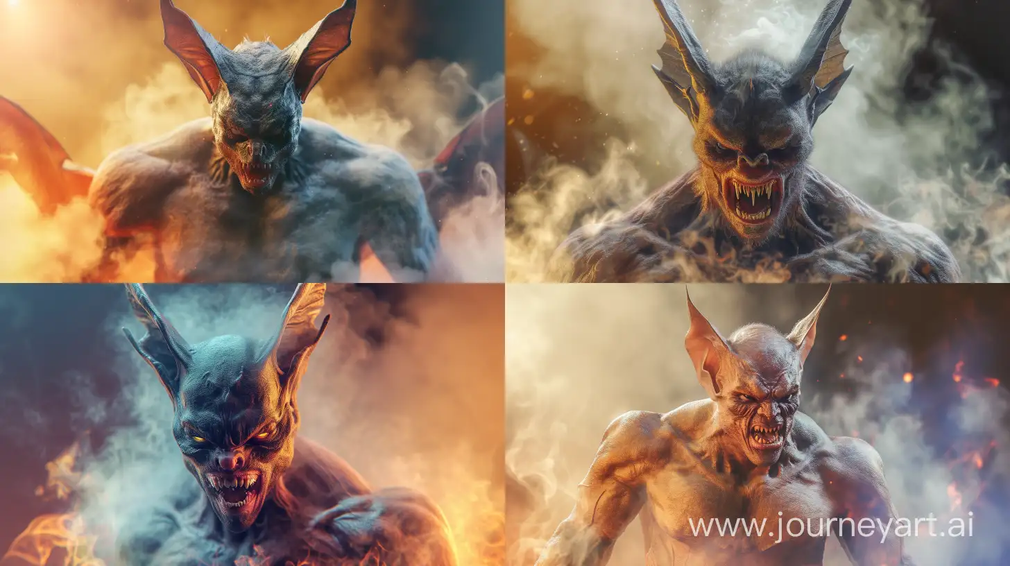 realistic full body A very angry drakula bat, seething with rage, with his muscles stiffening and his real skin emitting smoke with melting colors and a fading blur background.--style raw --ar 16:9