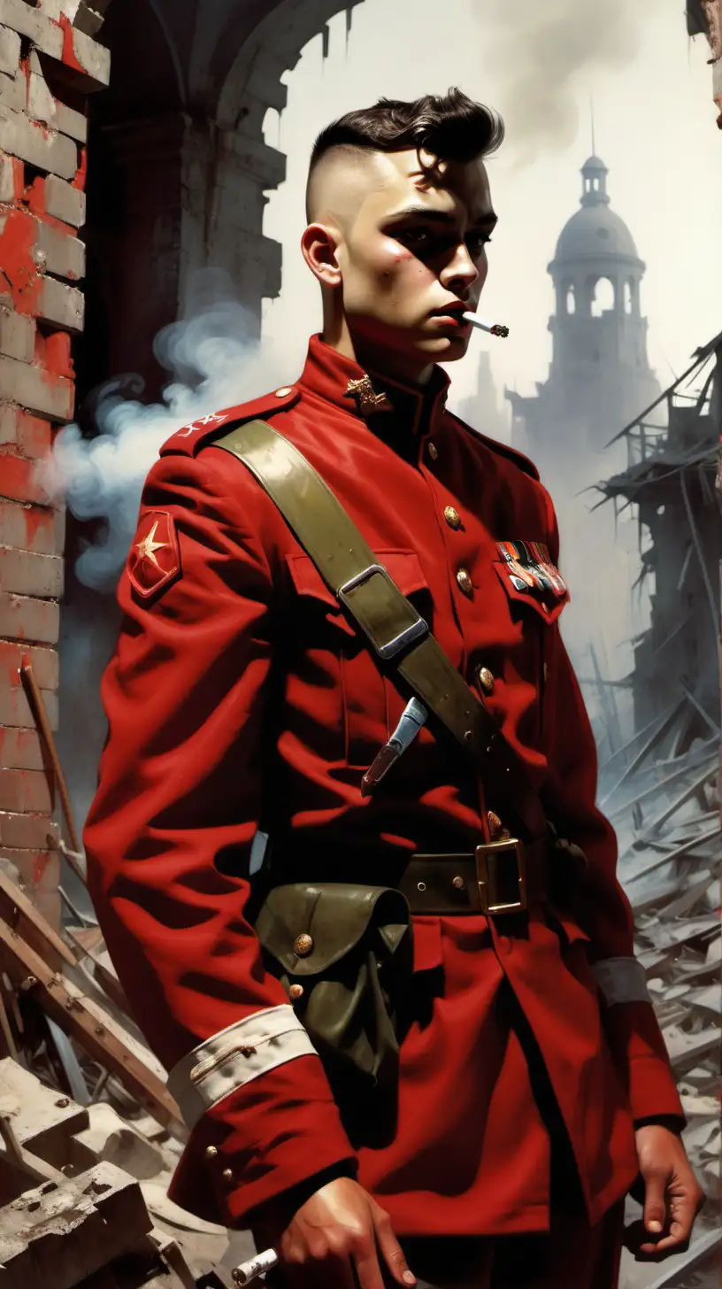 Create a dark fantasy art illustration  frazetta style of stocky teenage male with a buzzed military haircut, shaven face, round cheeks and younger boyish features, dressed in an all red military uniform, in battered smoking city ruins. CLOSE UP, HEAD AND SHOULDERS.