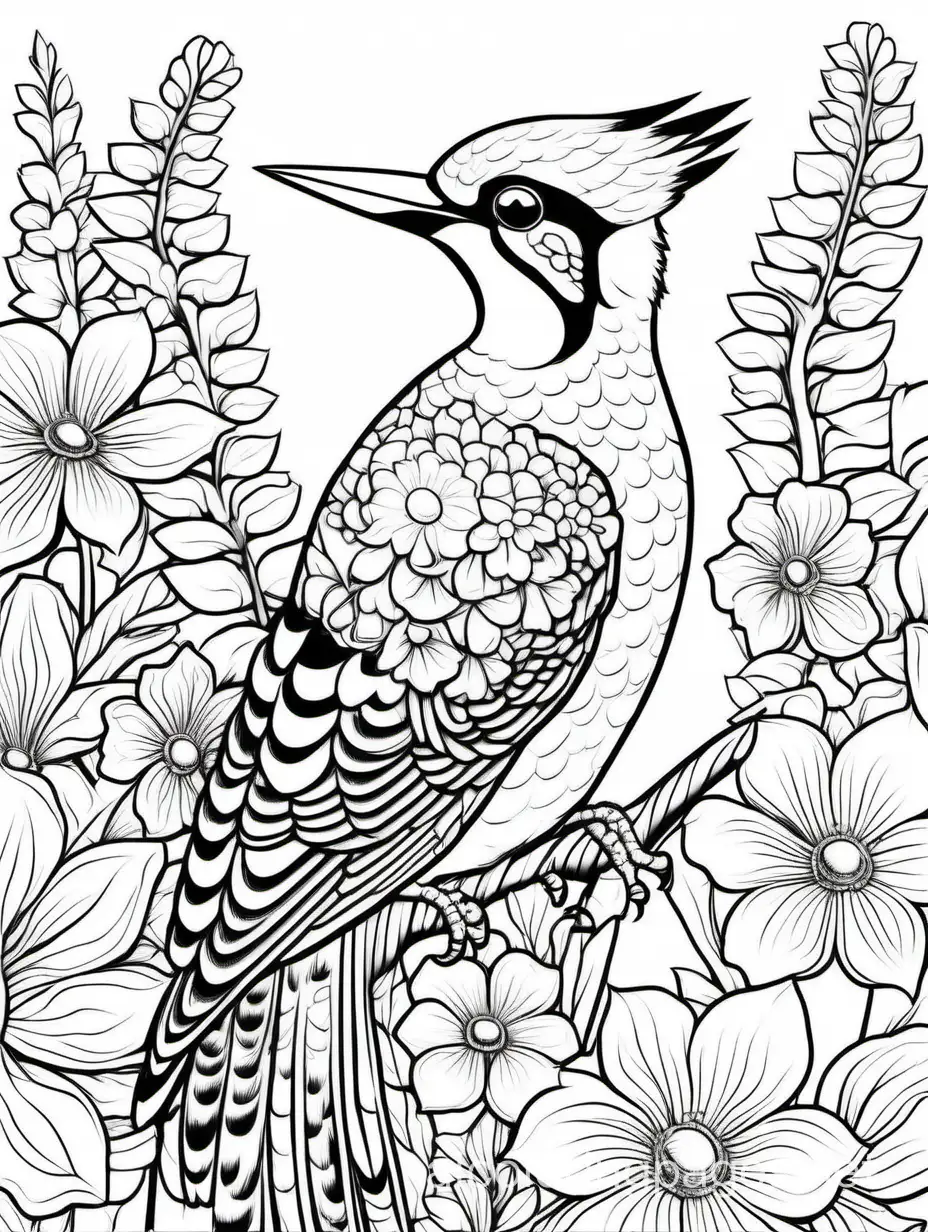 Woodpecker-in-Flowers-Coloring-Page-for-Adults-Line-Art-Design-for-Women