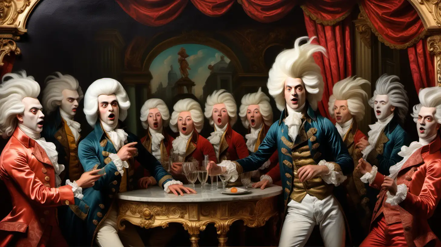 Exuberant 18th Century Dandies Enjoying Theatrical Revelry in Ornate Theatre Box