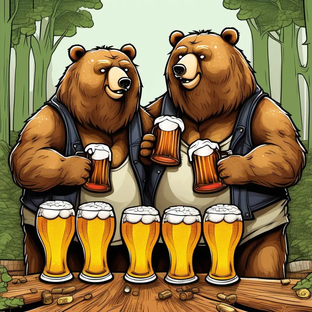 Three bears drinking enormous amounts of beer (cartoon style)