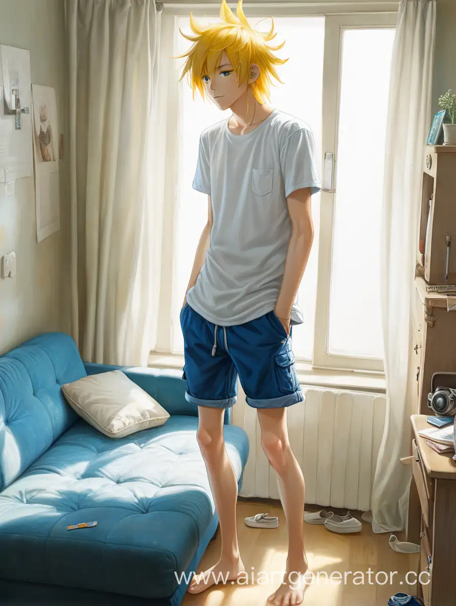 Парень в белой футболке, синих шортах, босиком, с желтыми растрепанными волосами стоит рядом с диваном в комнате где есть кровать, стол, окно.