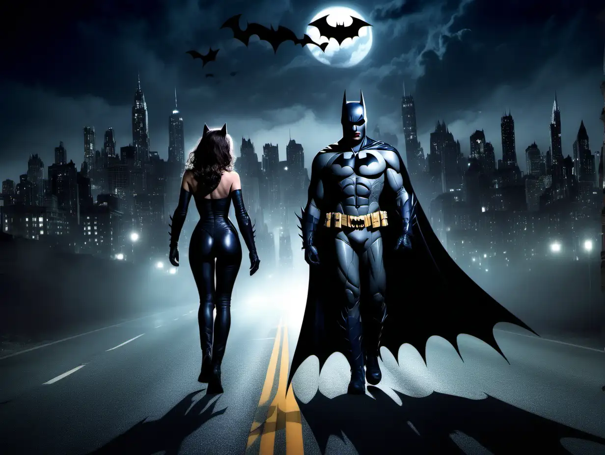 Batman and Cat Woman walking down a deserted road at night with Gotham in the background