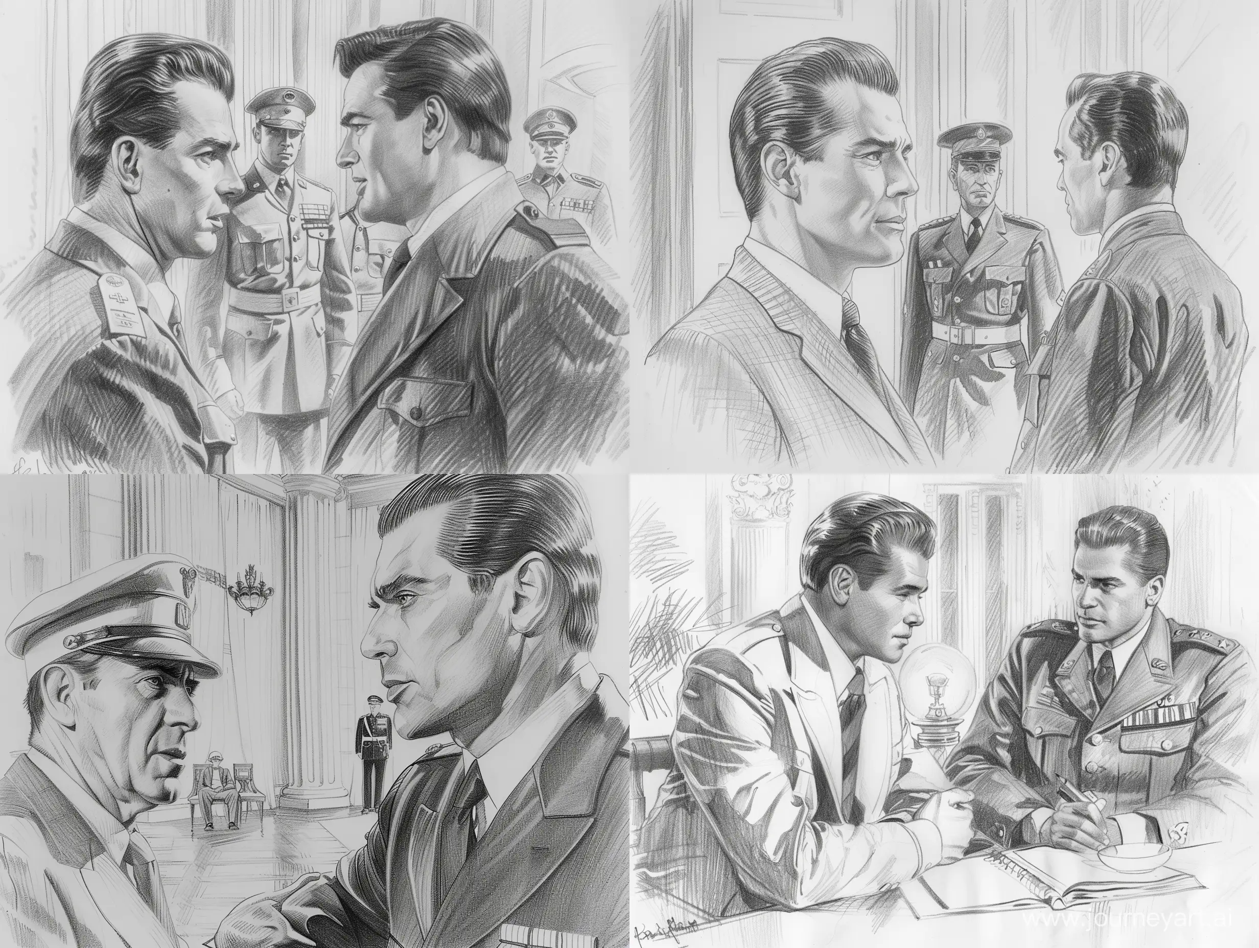 Pencil drawing of a glamorous 1940s handsome movie star man with slicked-back hair, meeting with a 1940s Argentine Peronist generel in uniform, Buenos Aires mayoralty interior