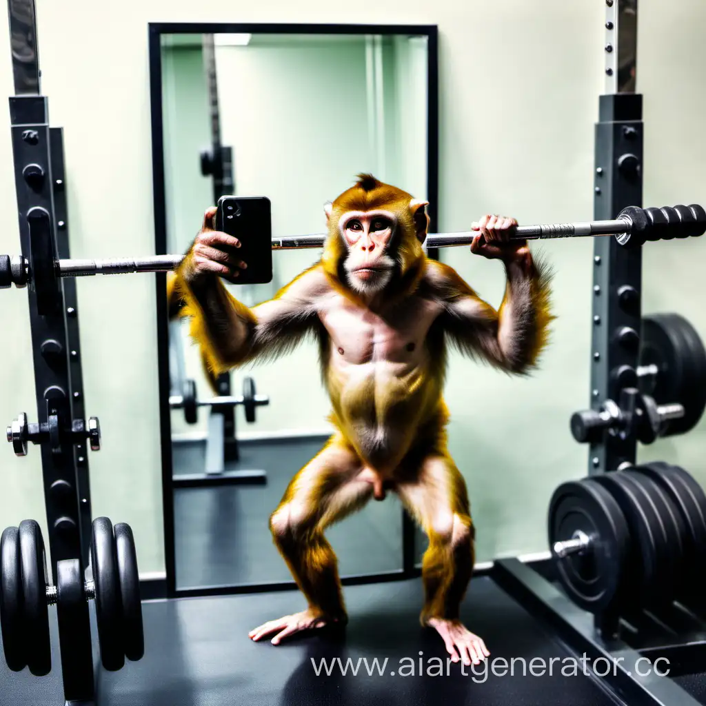 a monkey in the gym, swinging on a barbell, taking a selfie in the mirror, standing, looking at the phone