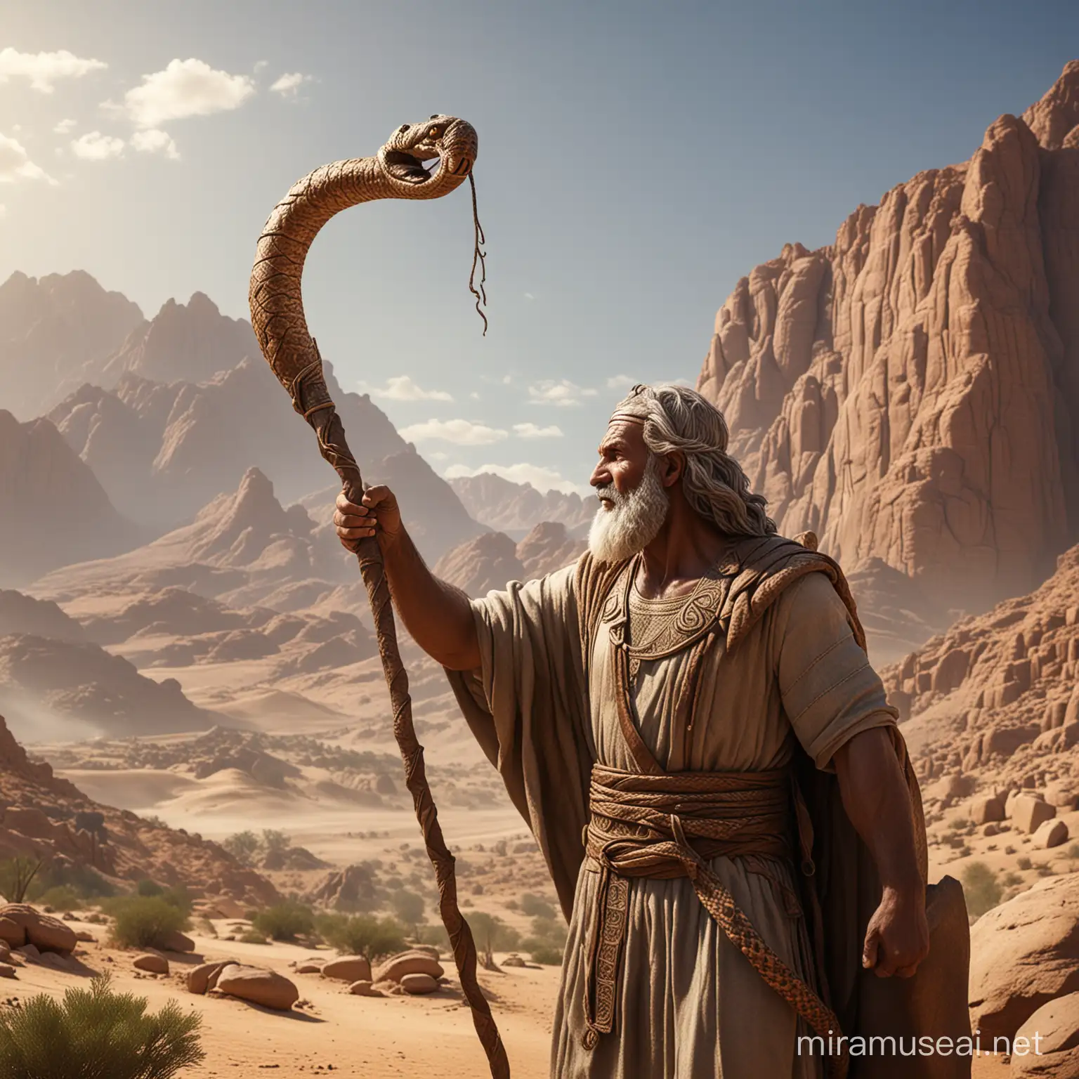 photo realistic, moses in sinai wilderness, lifting up a bronze staff shaped with bronze snake head, hyper realistic image, canon e0s r6 quality, Ultra High Quality, Ultra HD, 8K, Vivid Brushstrokes