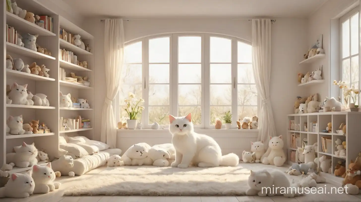 Generate an image representing a cozy bedroom with shelves filled with various stuffed animals of different shapes and sizes. Among them, prominently display a fluffy white cat plush toy named Snowball, positioned in a way that suggests it is the young girl's Lily favorite. The room should be well-lit with sunlight streaming through a window, casting warm, comforting shadows across the floor and walls.