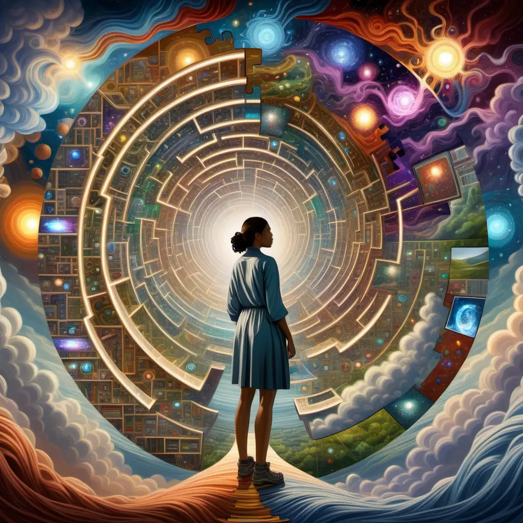 Visualize a digital canvas where a woman on their path to becoming a certified ethical emerging technologist, stands amidst a swirling array of otherworldly interconnected pieces. The woman is depicted as being halfway through their coursework, indicating a sense of progress and accomplishment. The puzzle represents various concepts, principles, and technologies encountered during the learning process.

In the background, ethereal light streams through clouds, symbolizing enlightenment and understanding. Acronyms relevant to the field, such as AI, IoT, and ML, subtly integrate into the puzzle pieces, gradually becoming clearer and more comprehensible as the figure progresses. 

Through thoughtful composition and rich colors, convey a sense of excitement, determination, and fulfillment as the individual realizes the significance of each step taken towards their goal. Let the image inspire a sense of curiosity and wonder about the transformative journey towards becoming an ethical emerging technologist.