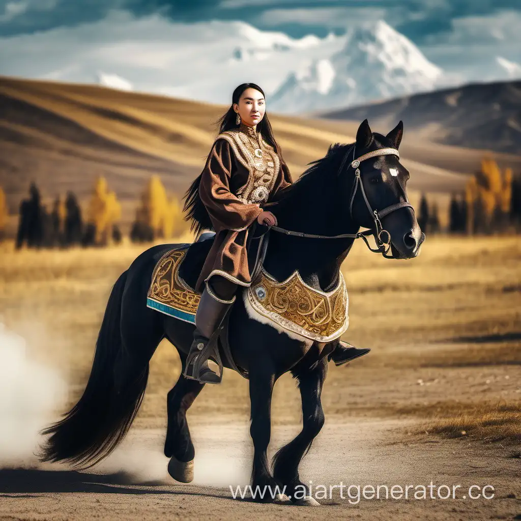 Kazakh girl Turkic people in national clothes riding a horse. The golden eagle is behind. full-length photo of a horseKazakh girl Turkic people in national clothes riding a horse. The golden eagle is behind. full-length photo of a horse
