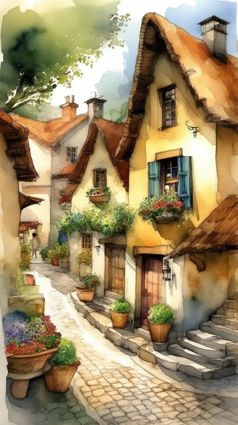 Charming Watercolor Village Scene with Thatched Roofs and Cozy Cobblestone Streets