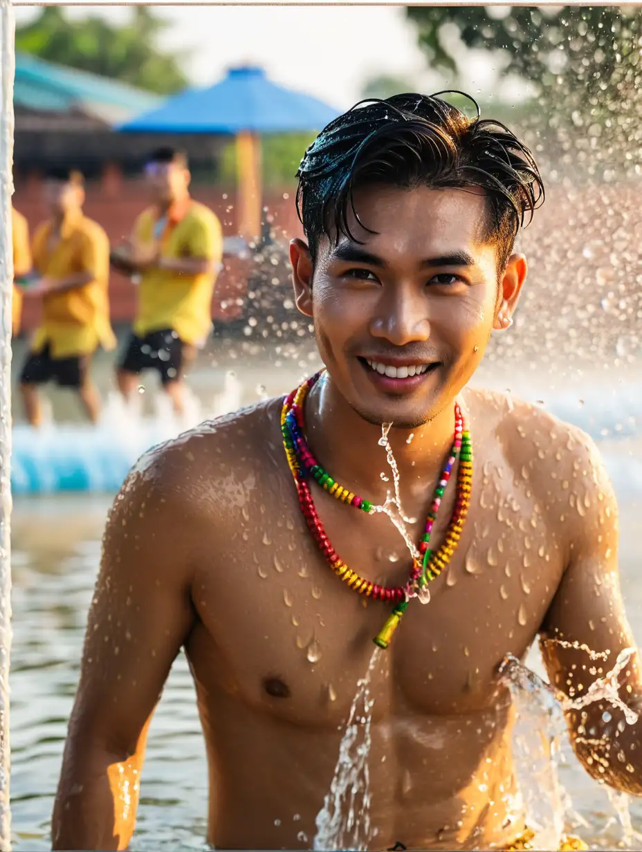 Picture of a handsome Thai man celebrating the Songkran Festival in Thailand. He is wearing traditional Thai men's clothing, facing the camera and covering the splashing water droplets with his hands. Exquisite facial features, professional photography technology, full-body photo