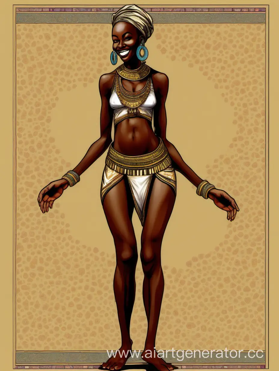 A full-length, thin, smiling African young woman with a narrow waist, wide pelvis, muscular legs and hairy crotch dances in the sultan's harem