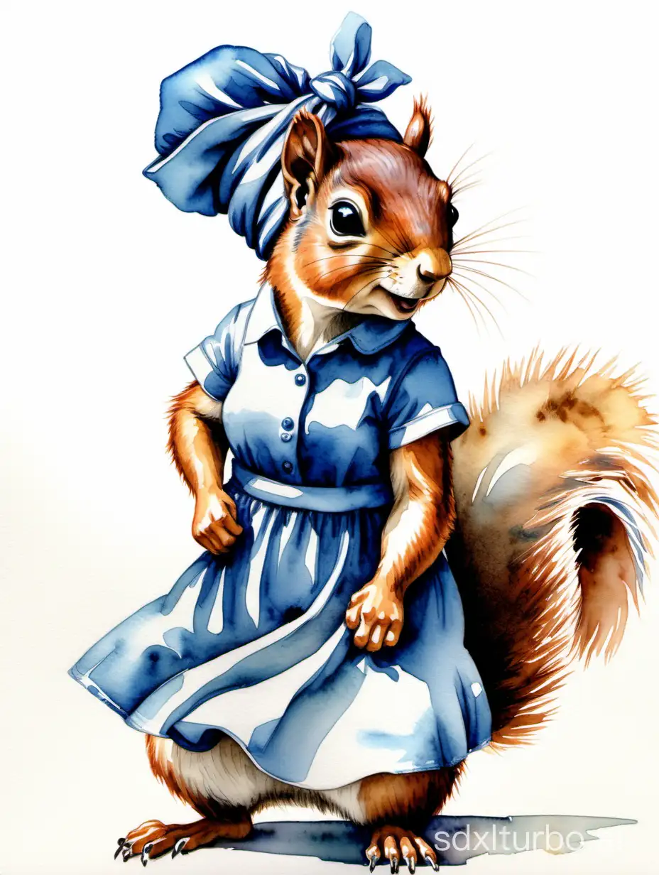 a cute female squirrel with headscarf and blue dress in the style of the poster 'we can do it' by J. Howard Miller, highly detailed watercolor painting     