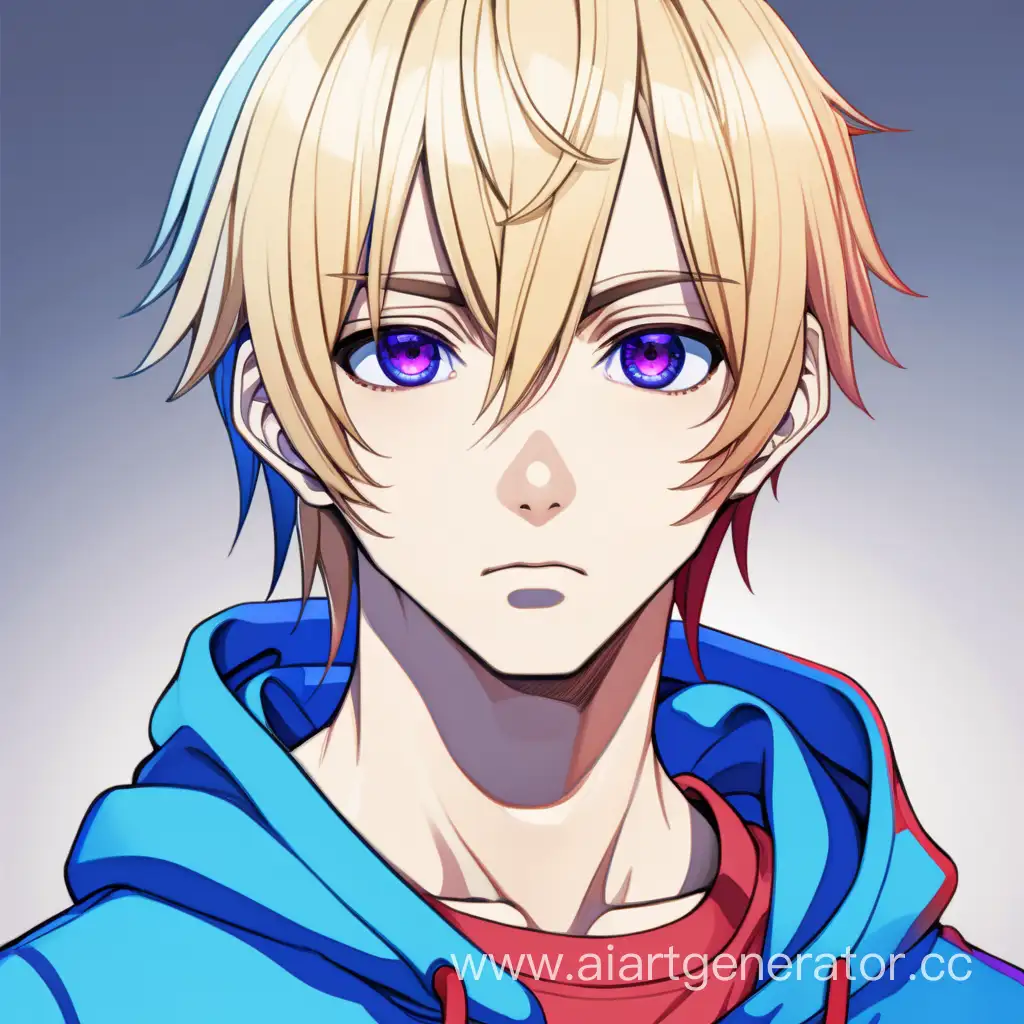 Аниме парень, блондин с прической каре и фиолетовой челкой, глазами разного цвета- голубого и красного, в синей толстовке. 