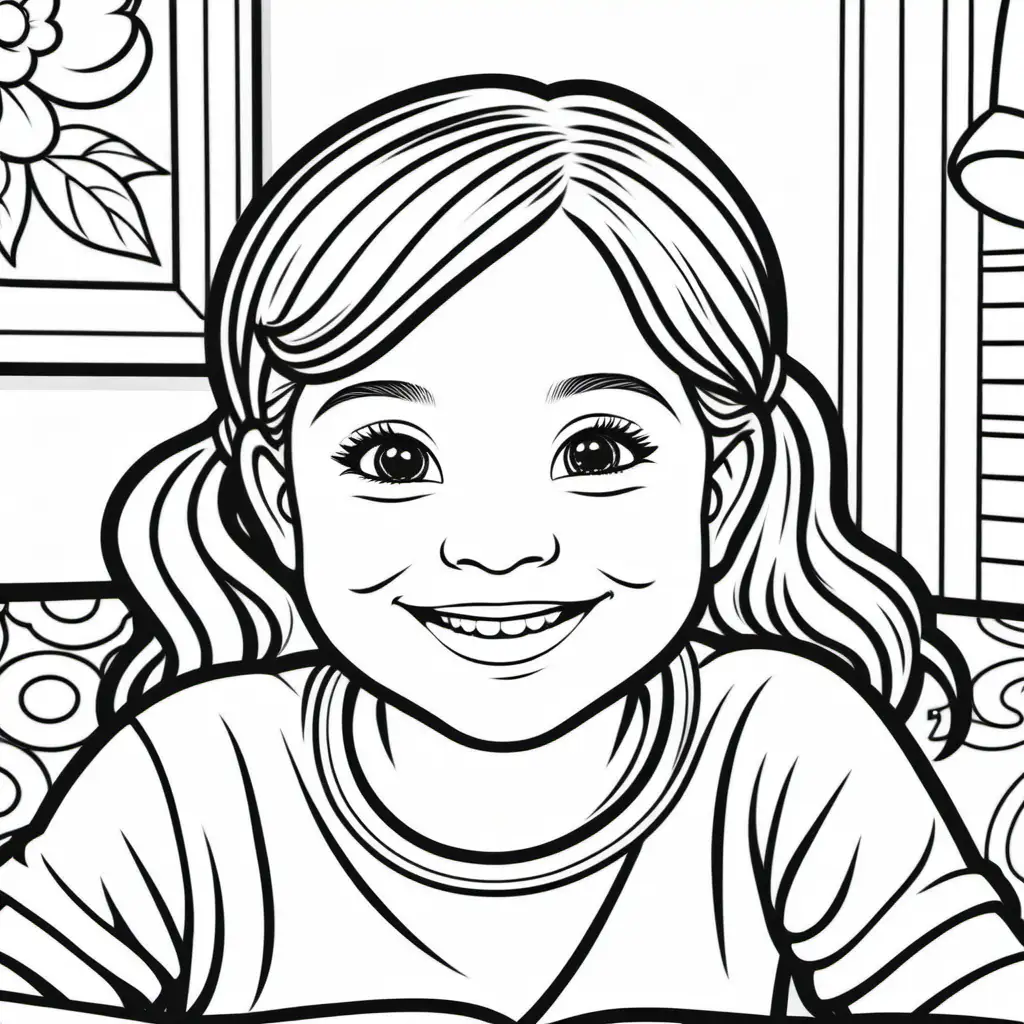 Happy Toddler Coloring Book Smiling Girl in Simple Outlined Room