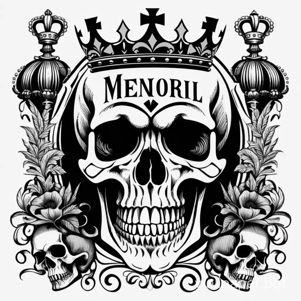 Vector art typography lettering, black skull, crown, Memento Mori, lineart, royal art ,white background,