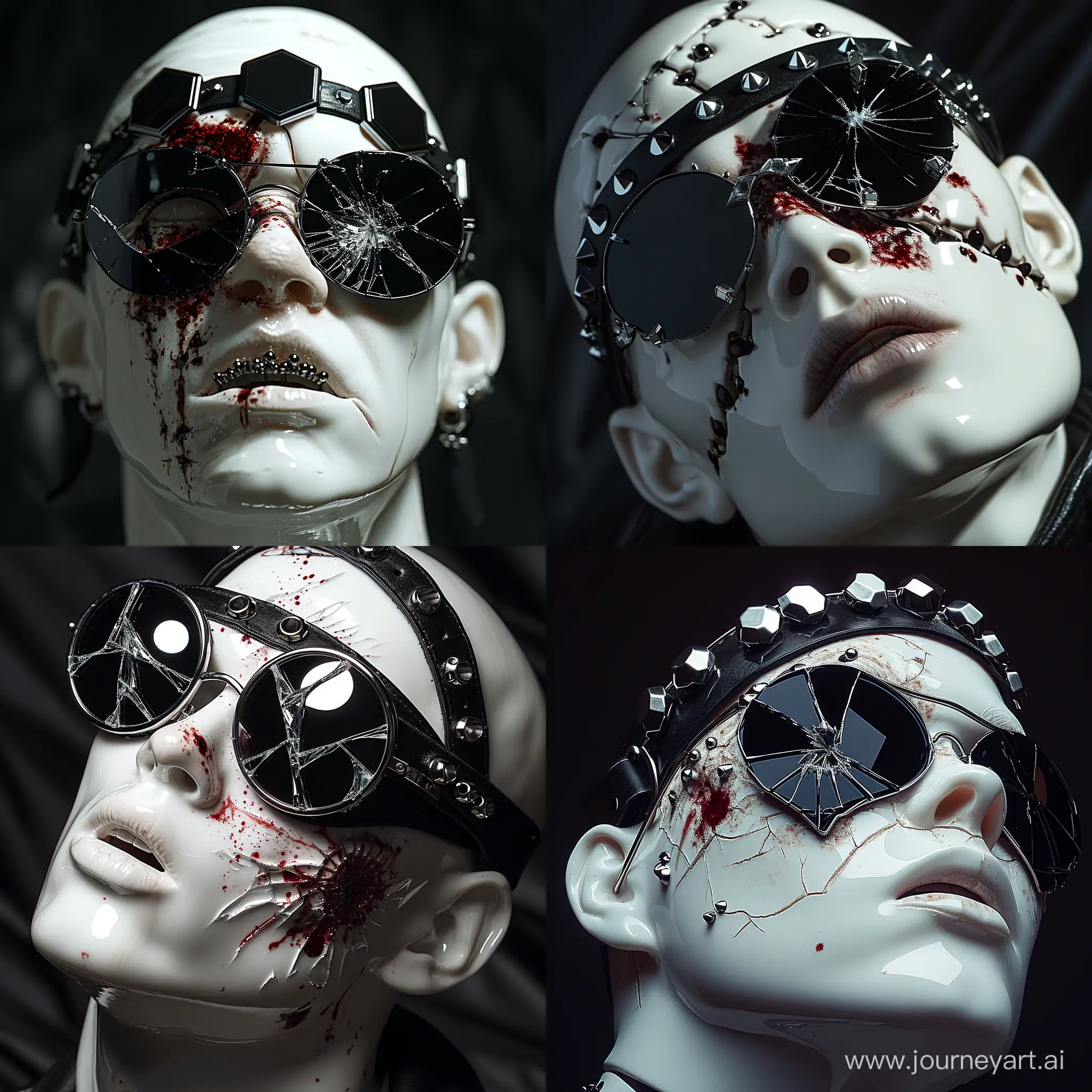 Realistic close-up photo of a white porcelain man's face, wearing black mirrored glasses with broken lenses reflecting a large bloodstain with a thick black leather headband on the forehead with two rows of round studs and chrome hexagons, ebony background, dramatic shadows, professional photo, HDR, Bokeh, shallow depth of field, ultra realistic