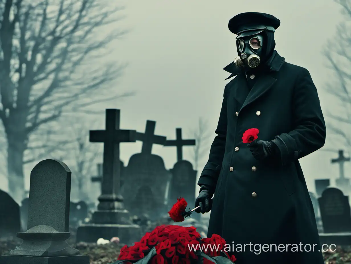 Man-in-Gas-Mask-Standing-at-Grave-with-Scarlet-Flower