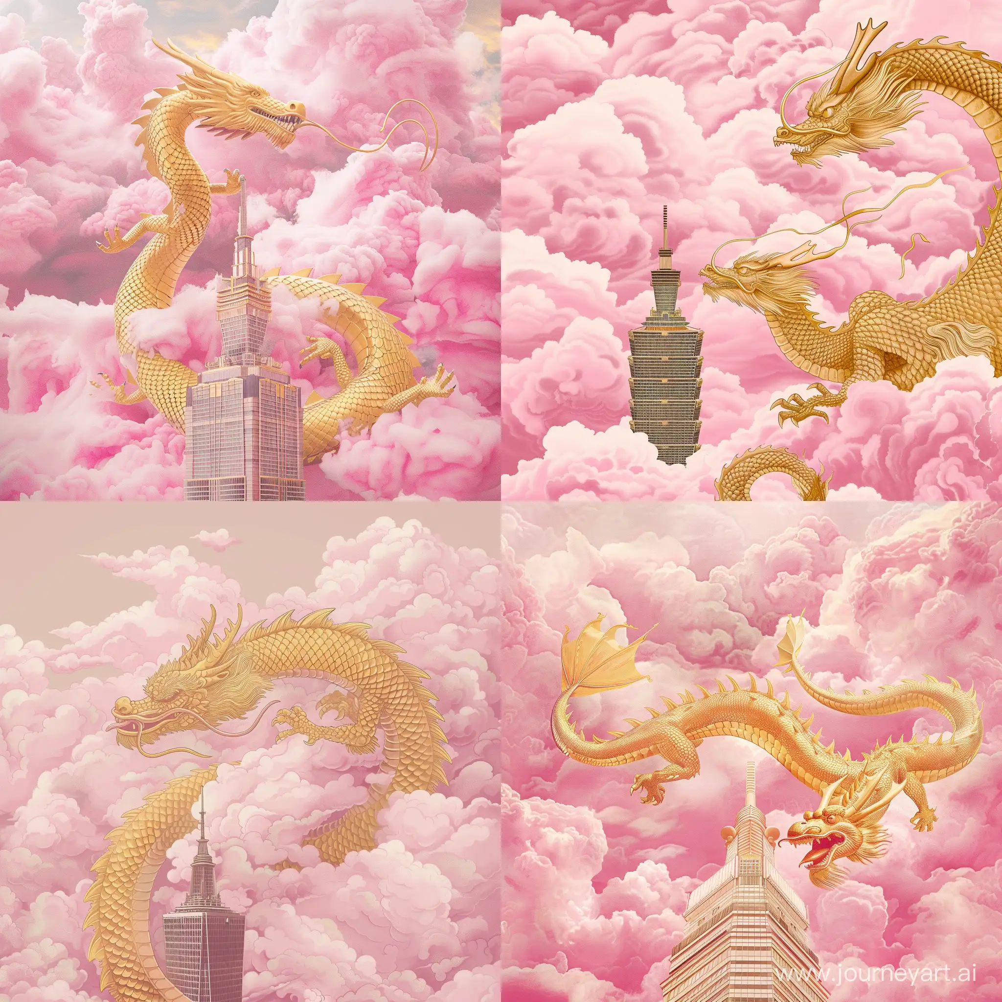 一条金色的龙飞在粉红色的云上，下面一角露出摩天大楼的顶部