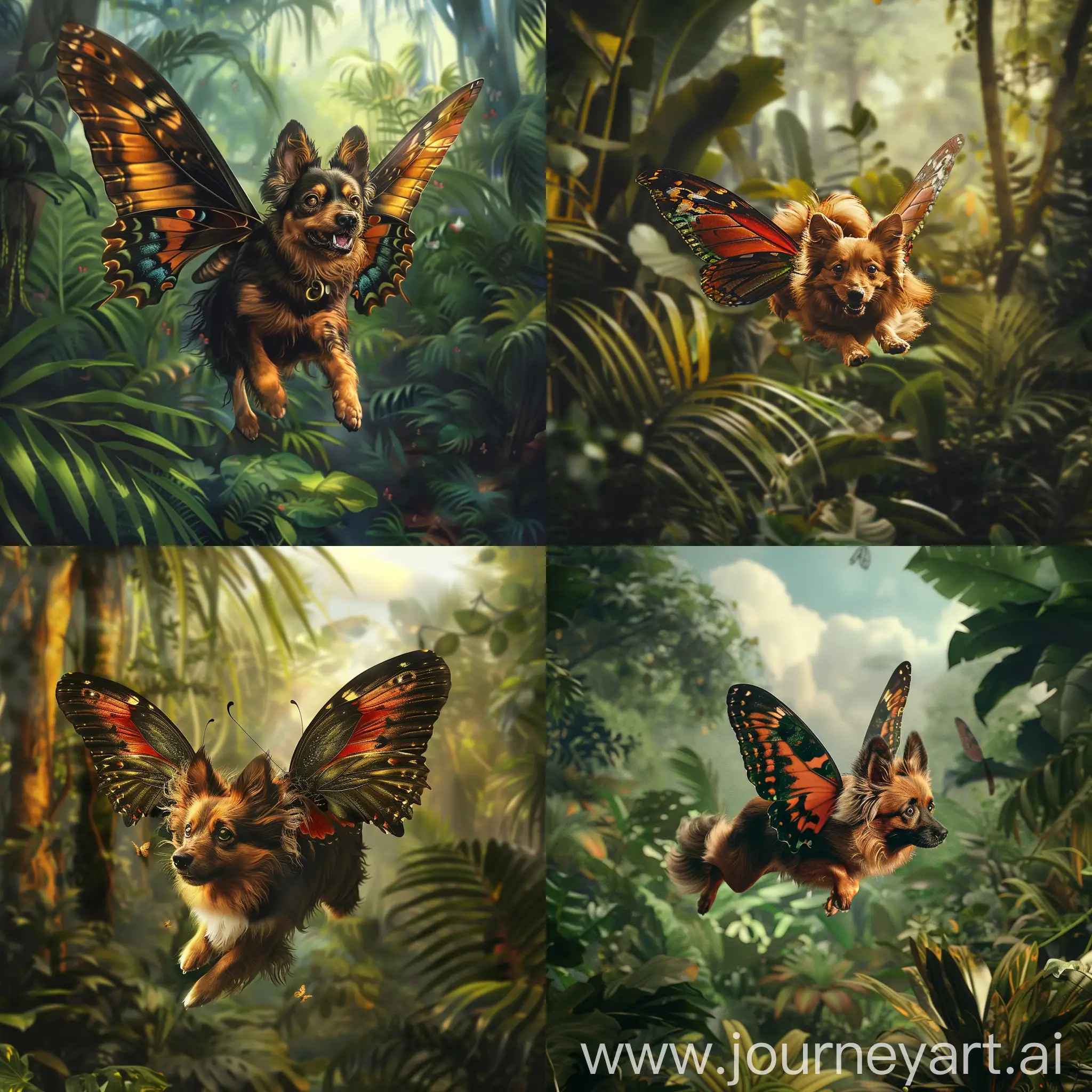 a german spitz with butterfly wings flying through a jungle