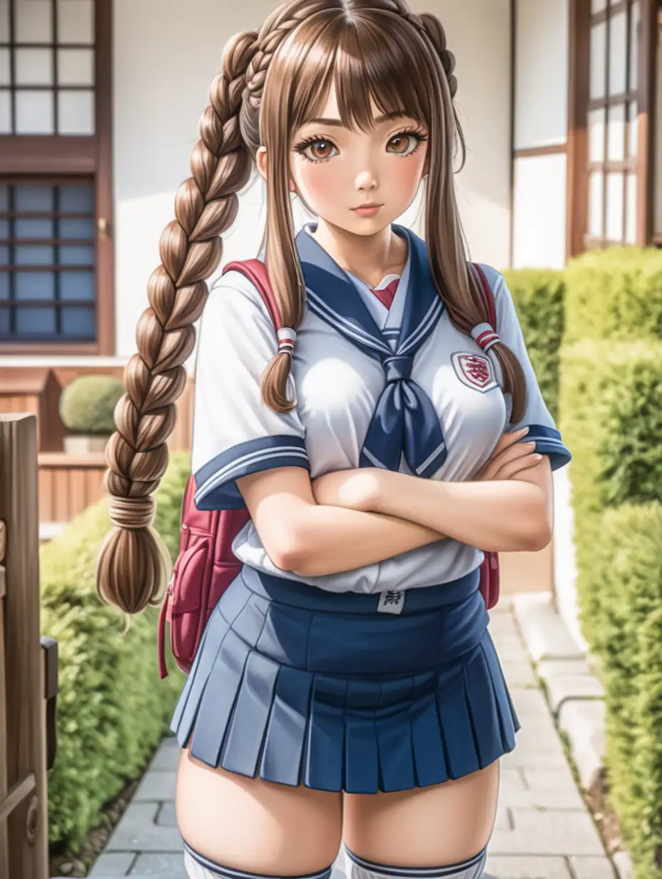 画一个日本女人，身材微胖，梳着辫子，穿着校服，大腿略粗，神情高冷，在房子前面



