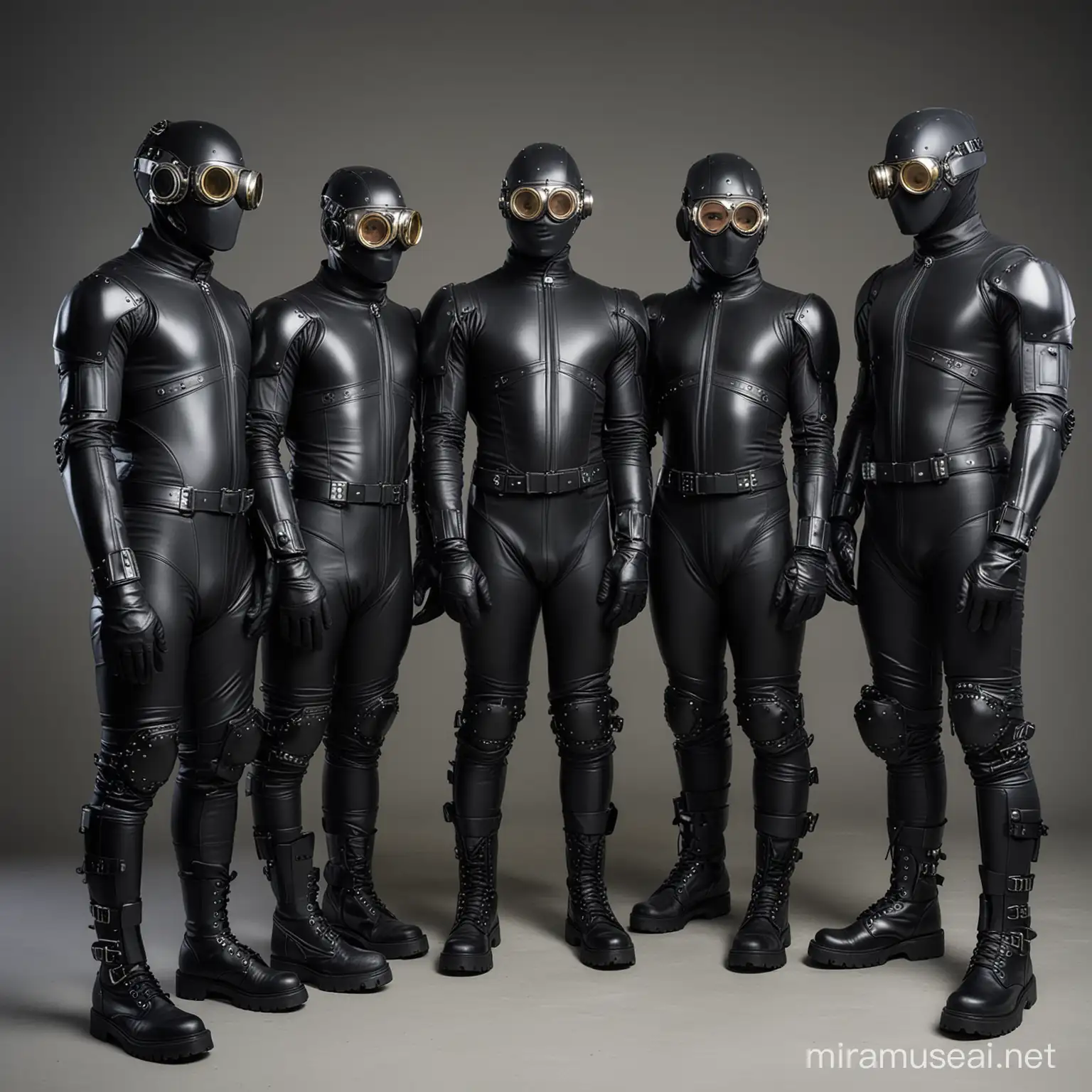 create a full-length photo of 3 athletic males aged 20 with fully shaved heads wearing black full-body skinsuits and black gloves. Their bodies are covered with a grey robotic metal exoskeleton and silicone circuitry. Lab technicians are fitting an Airsoft Helmet Set with Night Vision Goggles onto each of their heads. On their feet and legs they are wearing Steam 20 Unisex Black 20 Eyelet Steampunk 5 Strap boots. Each male is standing on a round platform.