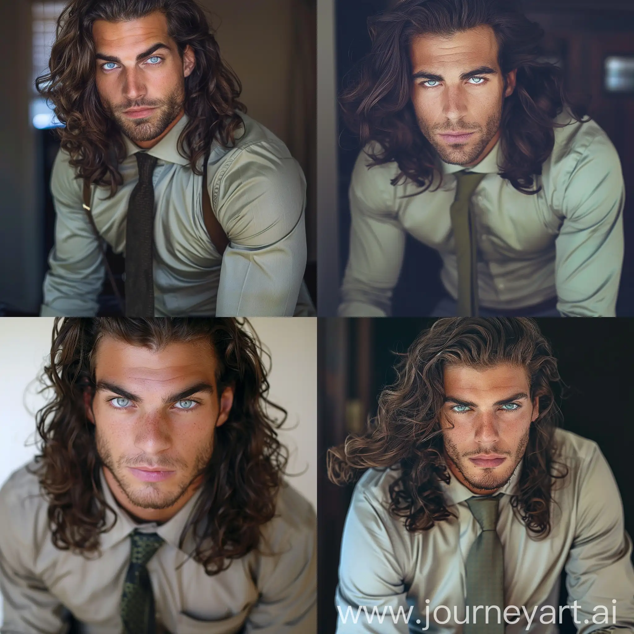 tall greek man, muscular build, dark blue eyes, long wavy brown hair, shirt and tie
, standing up
