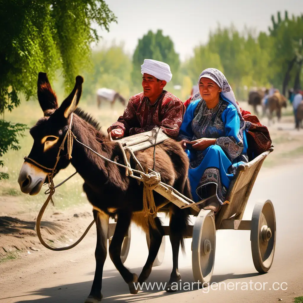 люди узбекской национальности едут на повозке типа арба запряженной ишаком