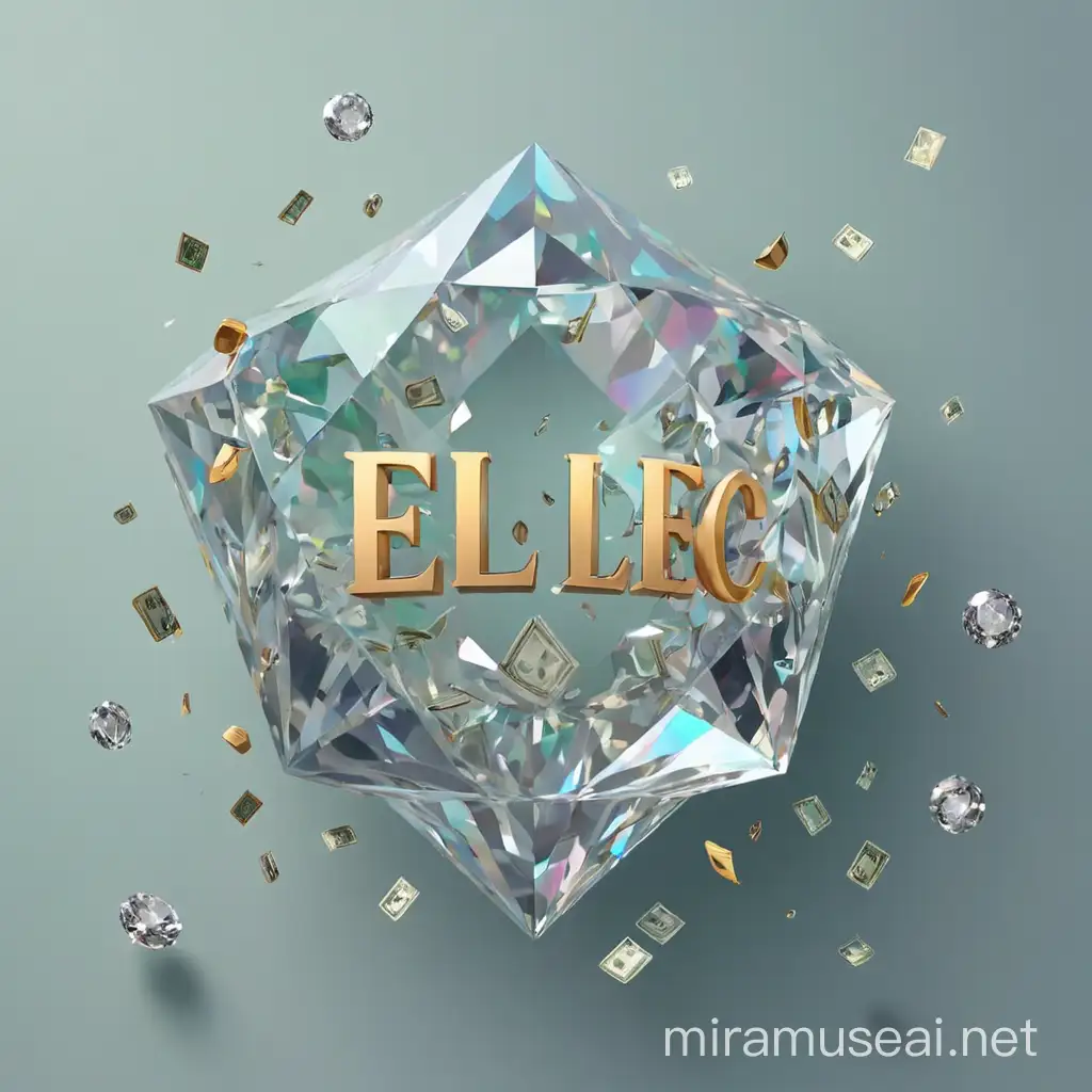 ellec clearly written lettering style, surrounded by minimal money elements and holographic diamond  floating around the minimal style

