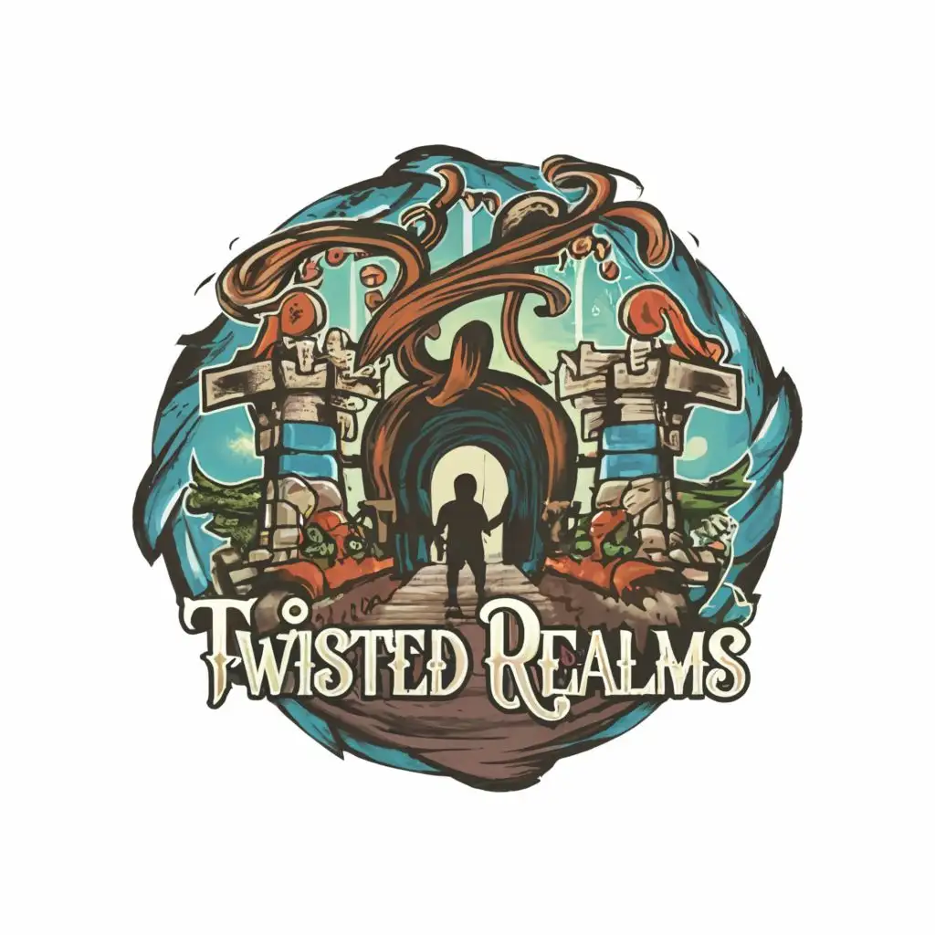 logo, portals doorway worlds wonder fantasy team-silhouette together cartoon blue brown grey purple adventure vibrant ancient whimsy, with the text "Twisted Realms", typography, be used in Entertainment industry