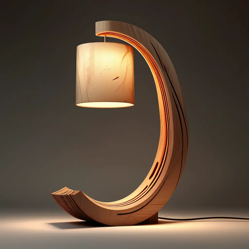 Curved Wood Table Lamp Design Ultra Realistic Studio Lighting Concept