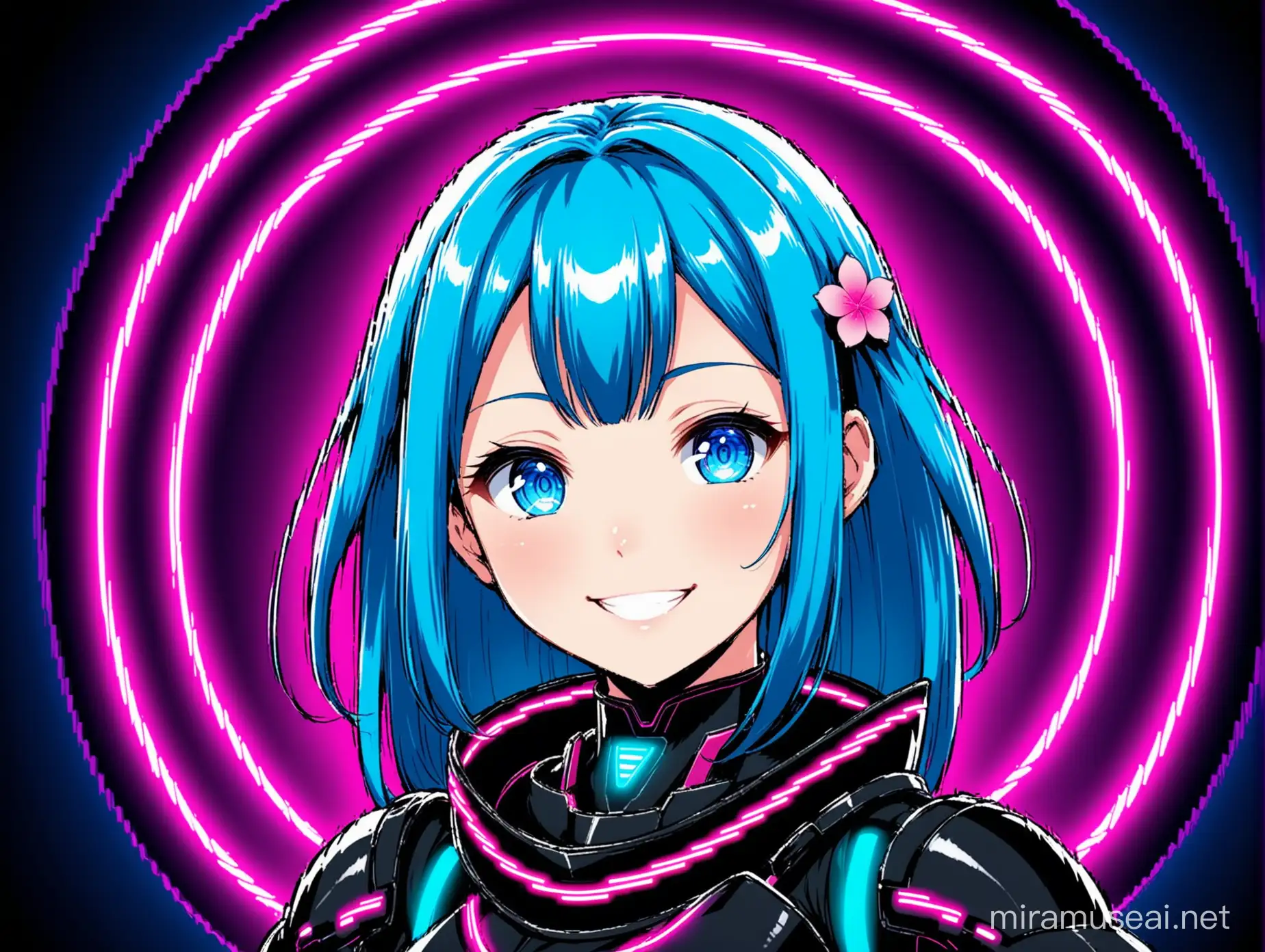 Futuristic Anime Girl with Blue Hair in Black Armor and Pink Flower Cyberpunk Character Art