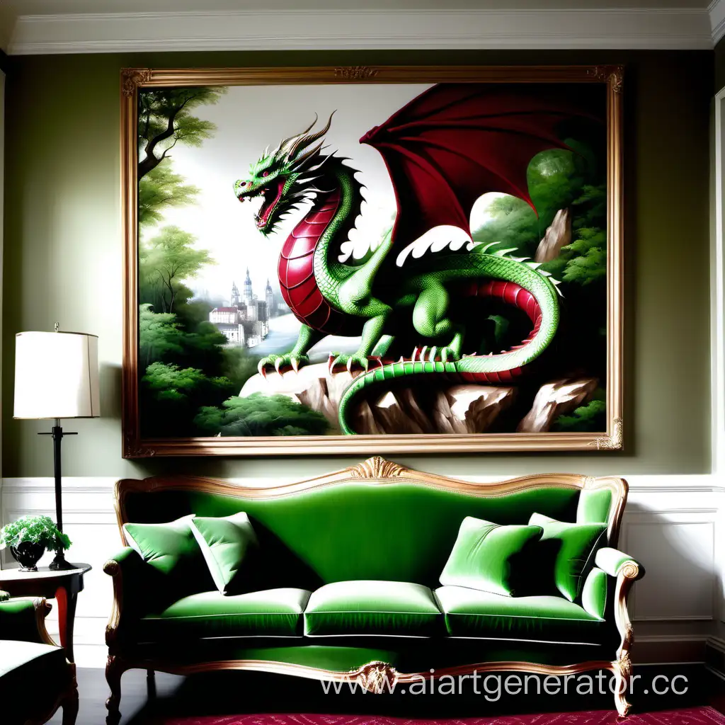 классический дизайн интерьера на стене гостиной с бордовым диваном белыми стенами большая картина зеленый дракон