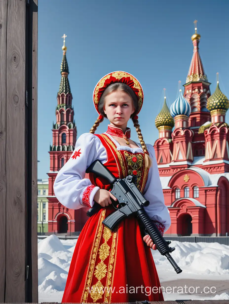 Девушка в русском национальном костюме с автоматом на фоне панельных домов