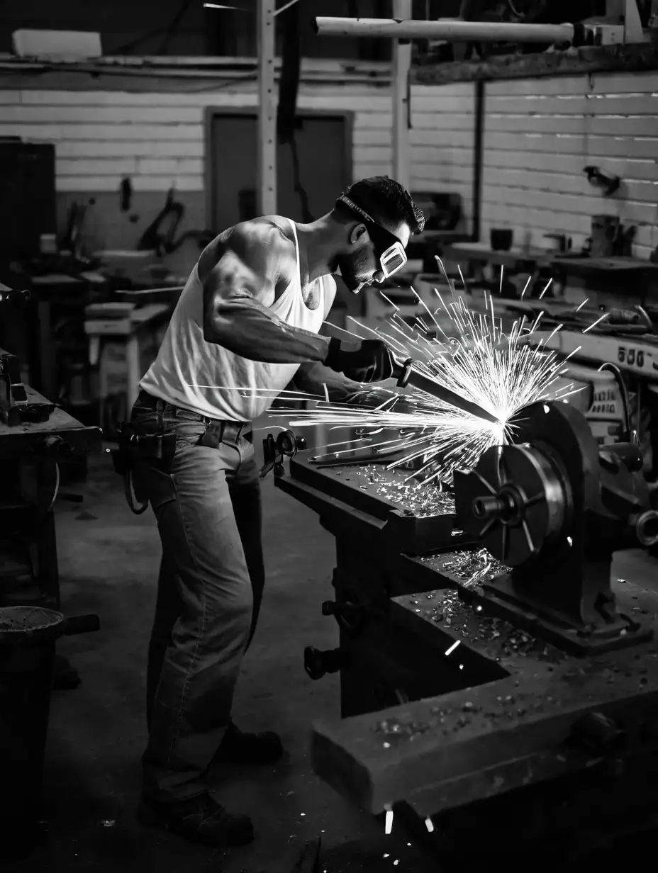 Muscular Man Cutting Metal in Small Workshop with Safety Goggles