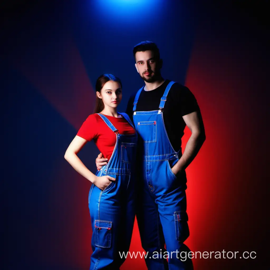 A man and a girl are standing next to each other, in blue overalls, waist-high, in a dark room, studio lighting, the background is illuminated with red and blue light